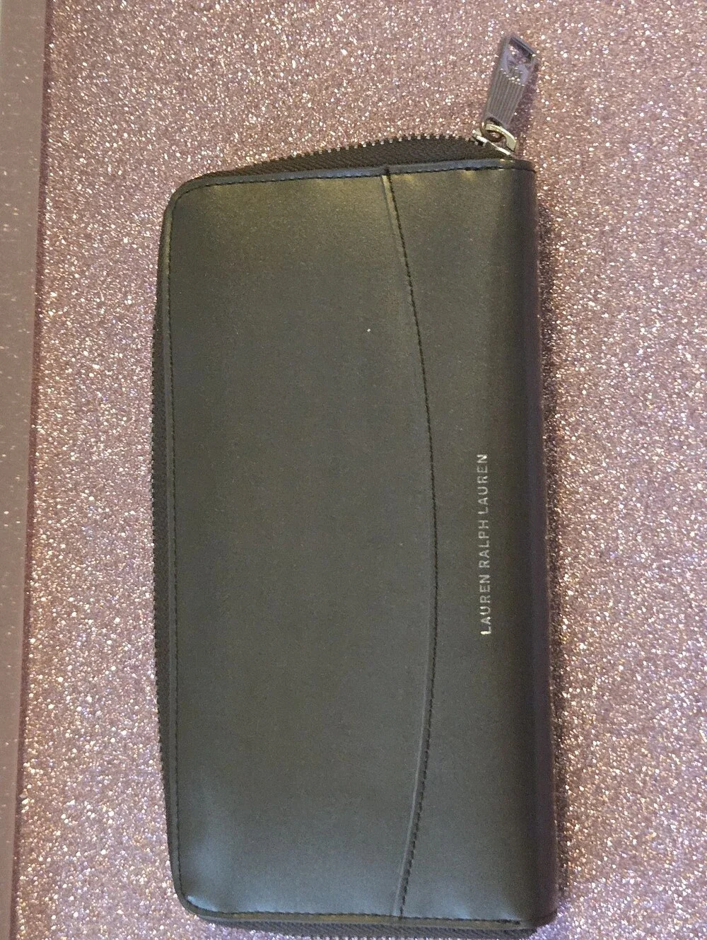 Lauren Ralph Lauren Metallic Dark Slate Gray Coated Leather Zip Around Wallet